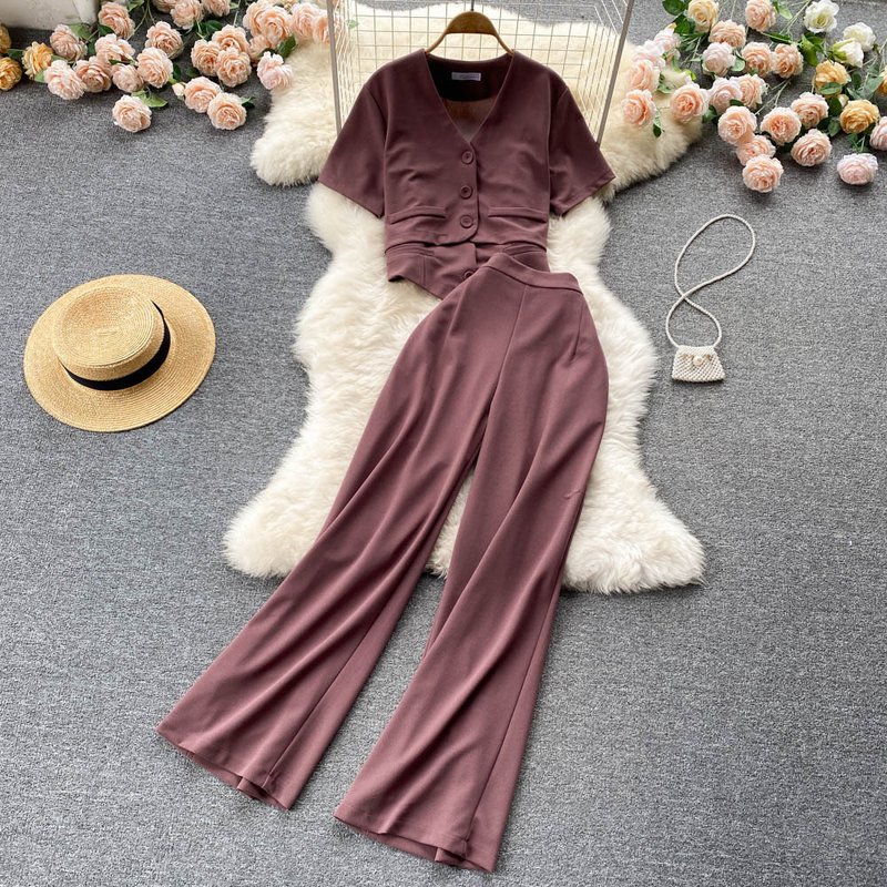 Camisola de verão feminina curta com decote em v camisa jaqueta cintura alta calças largas conjunto de três peças_voghion.com