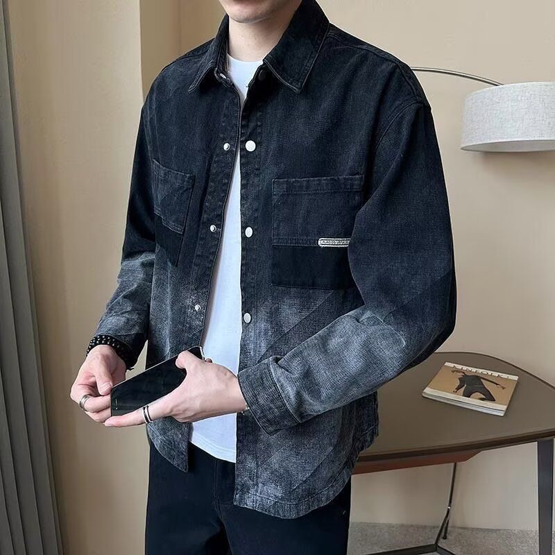 Herren-Jeansjacke im Ombre-Look – stylischer, lässiger Mantel im Hemd-Stil mit zweireihigem Design, lockere Passform für Frühling und Herbst_voghion.com