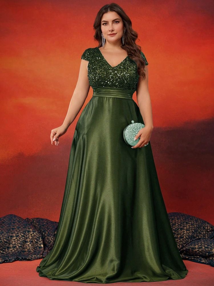 Abito da sera elegante in raso con scollo a V e paillettes, per feste e banchetti, da donna, elegante e raffinato_voghion.com