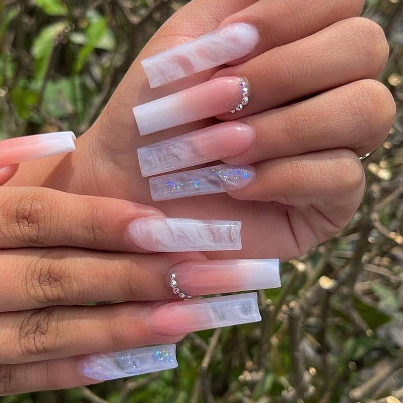 Square 24Pcs Long False Nails with Glue French Rhinestone Design Fake Nail Wearable Acrylic Press on Nails Ful_voghion.com