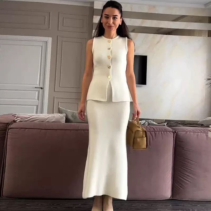 Ensemble deux pièces pour femme, gilet tendance d'été, couleur unie, coupe slim, moulant, jupe longue tricotée_voghion.com