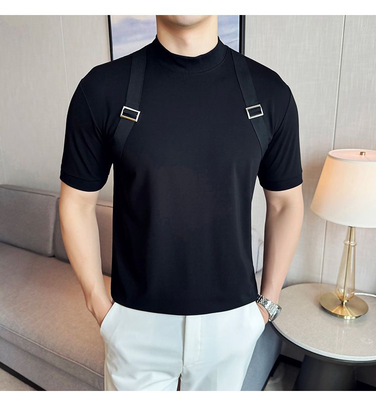 Good Things Recommend Summer Thin T-shirt Fashion Strap Design Splicing Round Neck Short-sleeved T-shirt Men's Webbing Decorative T-shirt_voghion.com