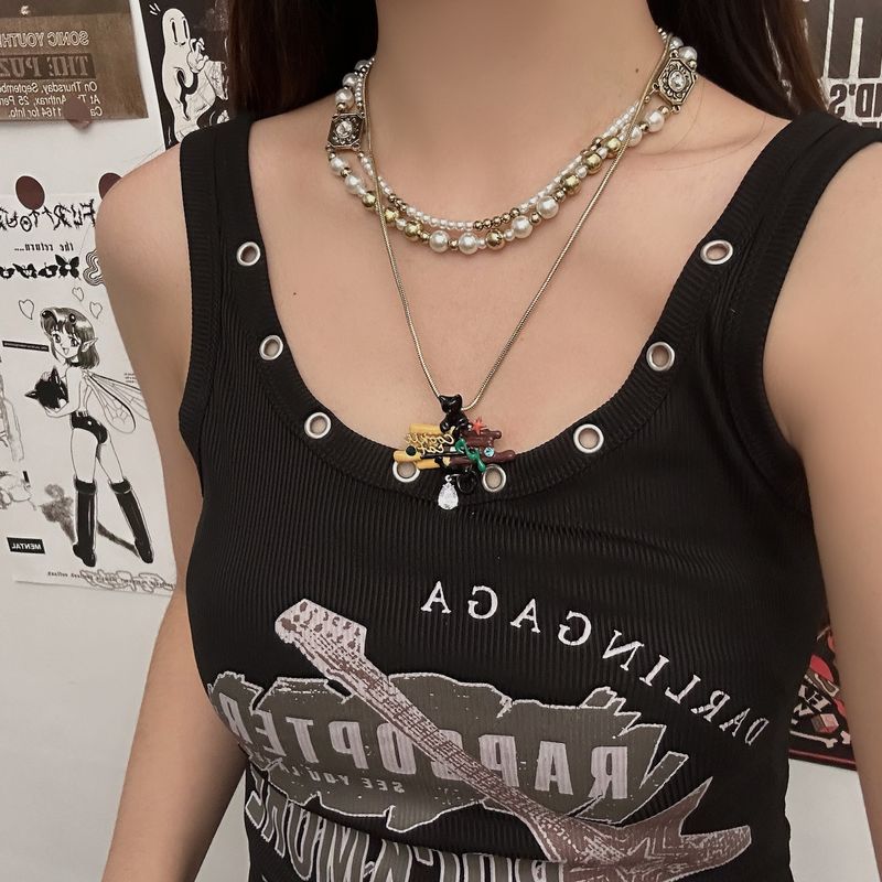 Collier à pampilles en perles croisées de style gothique punk pour femme, chaîne de clavicule lourde et sombre_voghion.com