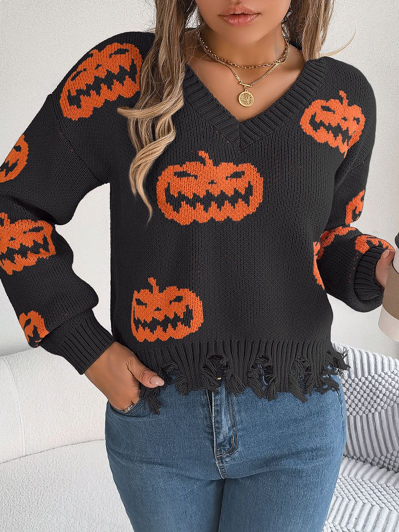 Autumn Winter Halloween Color-Block Pumpkin Cut Long Sleeve Pullover Sweater Women's Fashion_voghion.com