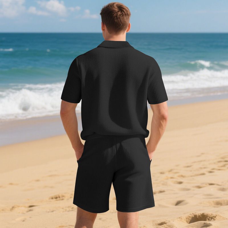 Polo ample à manches courtes et col gaufré pour homme, style américain, ensemble décontracté avec short et col gaufré_voghion.com