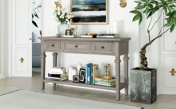 TREXM Classic Retro Style Console Table With Three Top Drawers And Open Style Bottom Shelf, Easy Assembly (Gray Wash)_voghion.com