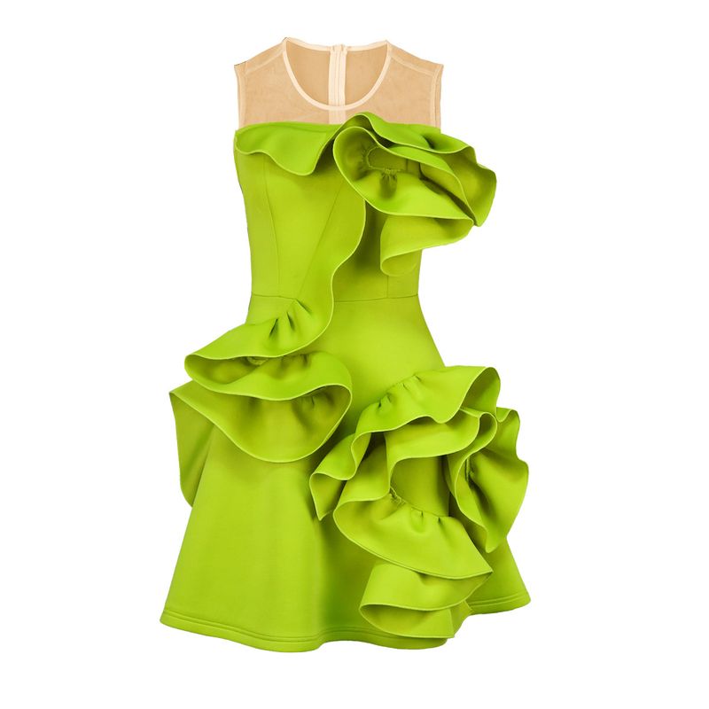 Abito da donna con gonna a trapezio, senza maniche, con foglie di loto e fiori, alla moda, per festa e laurea_voghion.com