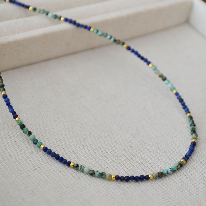 Collana di perline fatta a mano con design di nicchia francese - Turchese e lapislazzuli, catena per clavicola da donna semplice ed elegante_voghion.com