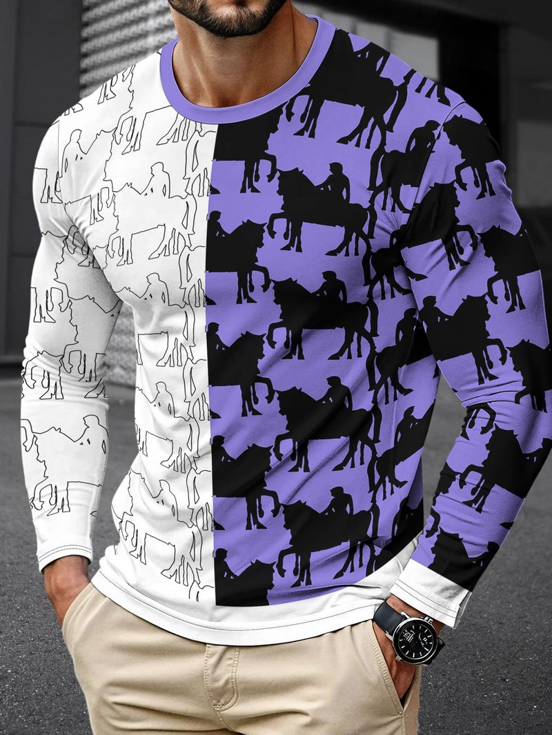 Contrasting Design T Shirts For Men Fashion Handsome Casual 3D Print T Shirt Spring And Summer Long Sleeve Comfortable Loose Fit_voghion.com