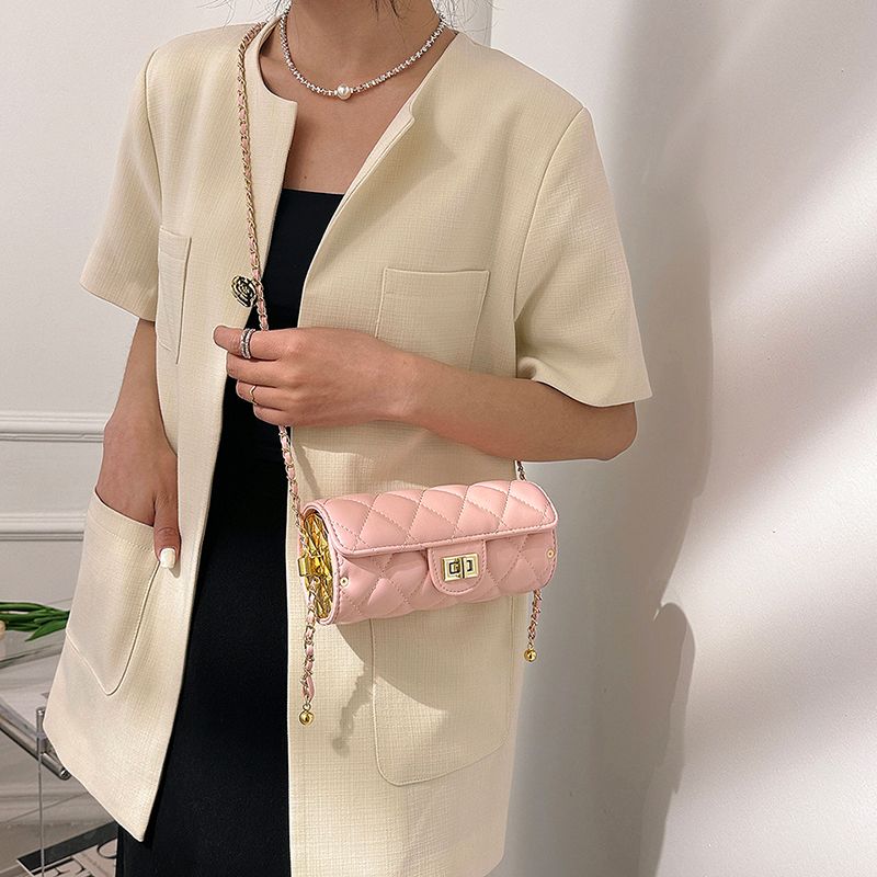 Borsa a tracolla monospalla con catena a cilindro con reticolo geometrico, borsa per cellulare, alla moda e versatile_voghion.com