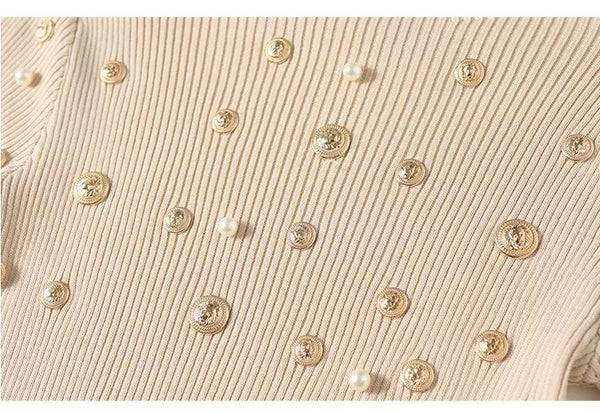 Haut tricoté à perles lourdes pour femmes, coupe cintrée, haut court en maille, jupe mi-longue, ensemble deux pièces_voghion.com