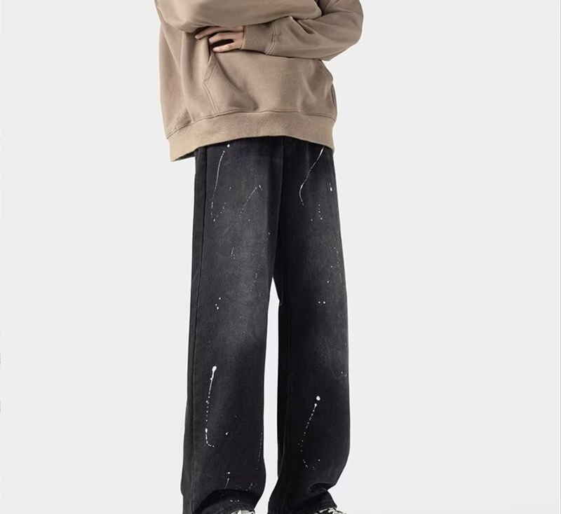 Herretøj, blækstænkede jeans til mænd, efterårsretro, vaskede, trendy mærke, vide benbukser, high street, alsidige, enkle, afslappede lange bukser_voghion.com