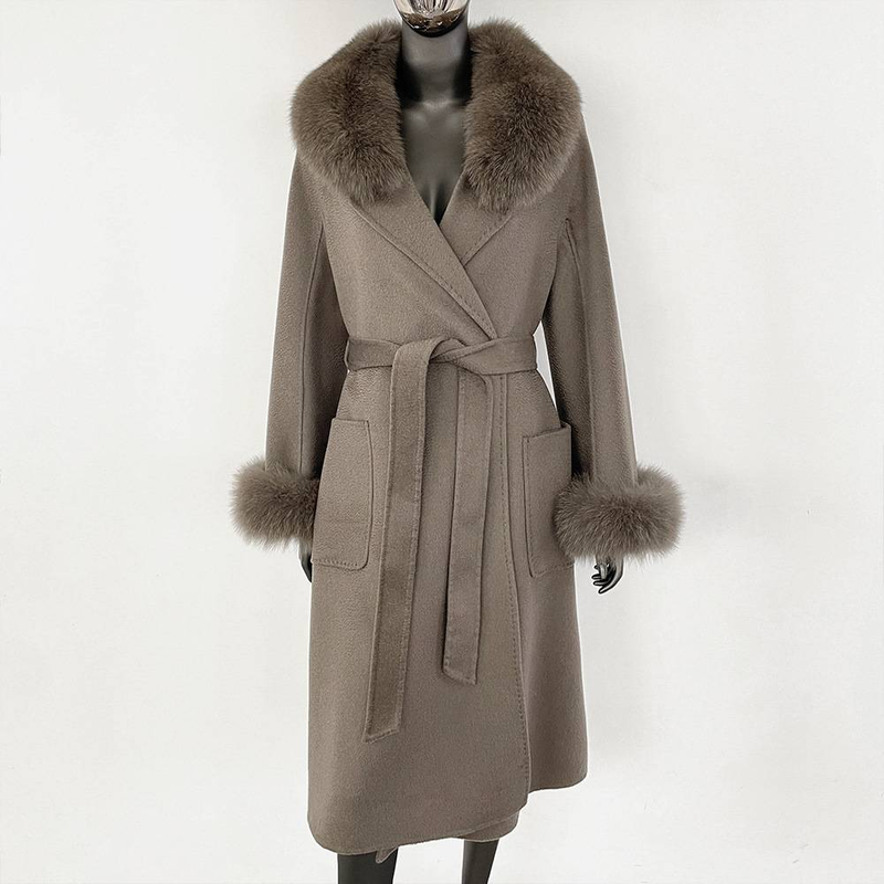 Dámské oblečení Fox Fur Collar Water Ripple oboustranný vlněný kabát pro ženy Luxusní vysoce kvalitní vlněný kabát_voghion.com