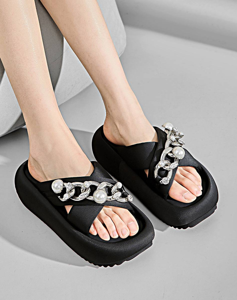 Cameido Women's One-strap Slippers With Pearl Chains. Outdoor-wearable Open-toe Platform Sandals For Summer 2025, Beach Slippers_voghion.com