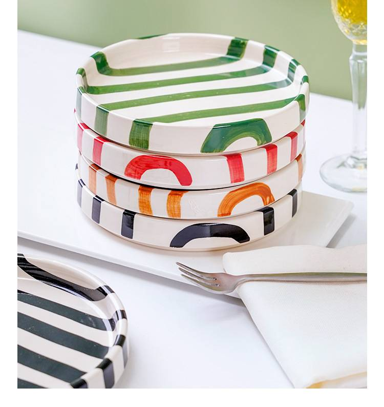 Hand-Painted Ceramic Plate - 9 Inch Korean Style Striped Dessert Plate With Raised Edge For Food Presentation (Set Of 4)_voghion.com