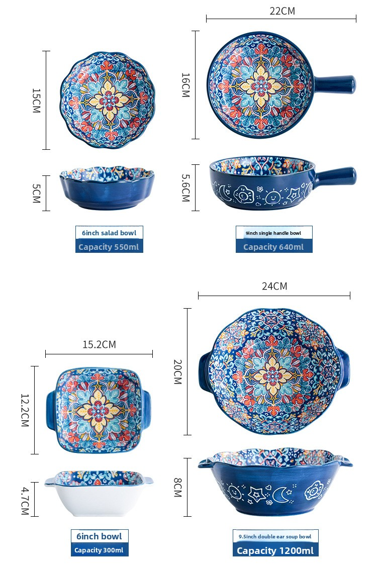 Baroque Style Ceramic Dinnerware Set - 16-Piece Handled Bowls & Plates For Rice & Soup_voghion.com