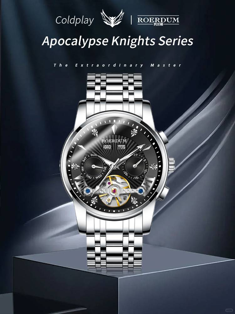 ROERDUM Apocalypse Knights Series – Dual-Color Luminous Hands, Silver-Black Dial, Stylish Men's Mechanical Wristwatch_voghion.com