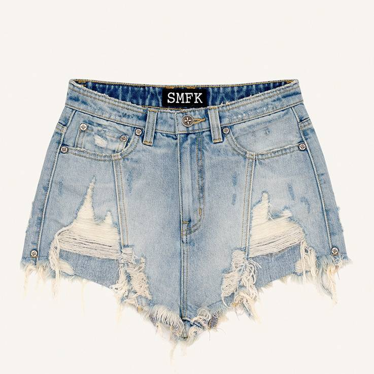 Short en jean taille haute à fleurs croisées peintes à la main, style vintage, en coton vieilli, pour femme, streetwear, mode_voghion.com