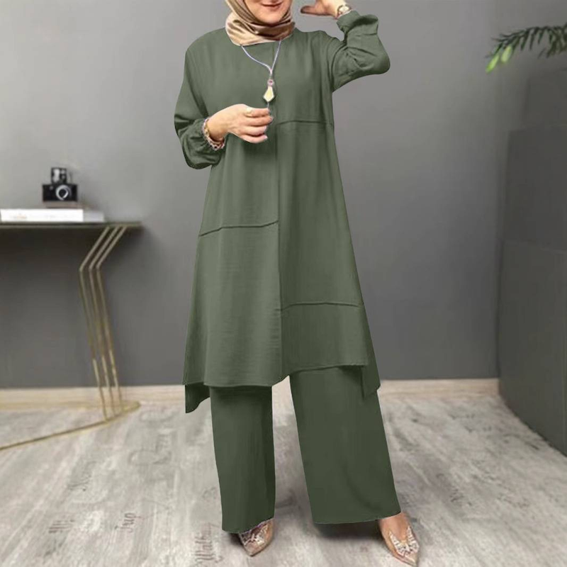 Elegantes muslimisches Zweiteiler-Set mit langärmliger Bluse und weiten Hosen – schlichte Mode für Damen (Khaki, Oliv, Marineblau, Wassermelone)_voghion.com