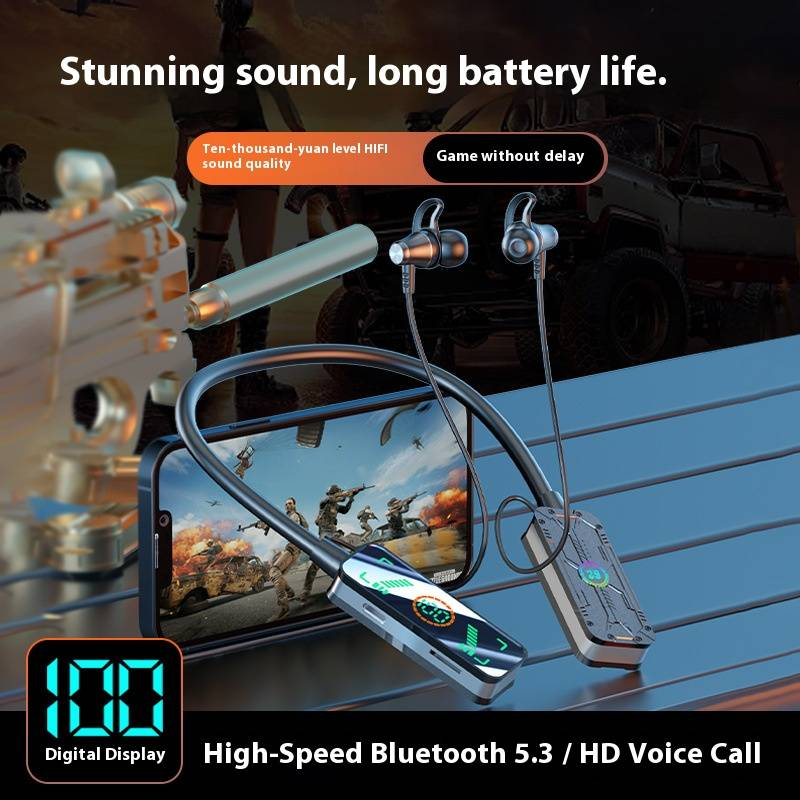 Neckband Bluetooth Headphones 5.4 With Digital Display, Hi-Fi Stereo Sound, Low Latency Gaming Mode, IPX6 Waterproof, Noise Cancellation, 8H Playtime_voghion.com