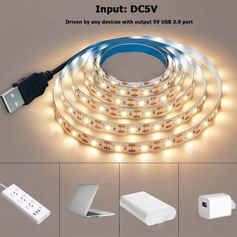5-V-USB-LED-Lichtstreifen mit selbstklebender Rückseite, 2835 SMD für TV-Hintergrundbeleuchtung, Schlafzimmer- und Wohnzimmerdekoration, weißes/warmes Licht, für den Innenbereich_voghion.com