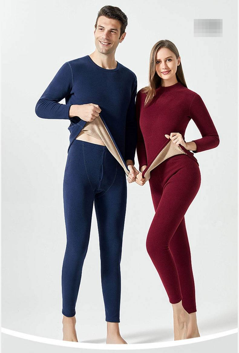 Conjunto de ropa interior térmica para hombre y mujer, con forro polar, cálido, antiestático y antibolitas (850 g, doble capa, cuello redondo/alto)_voghion.com