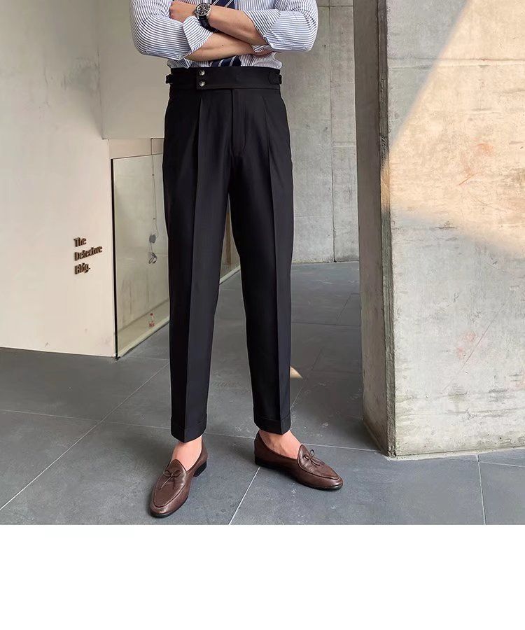 Herrenbekleidung Einfarbige Neun-Punkt-Hose mit hoher Taille Temperament Lässige Business-Hose mit italienischen Pariser Knöpfen Herrentrend_voghion.com