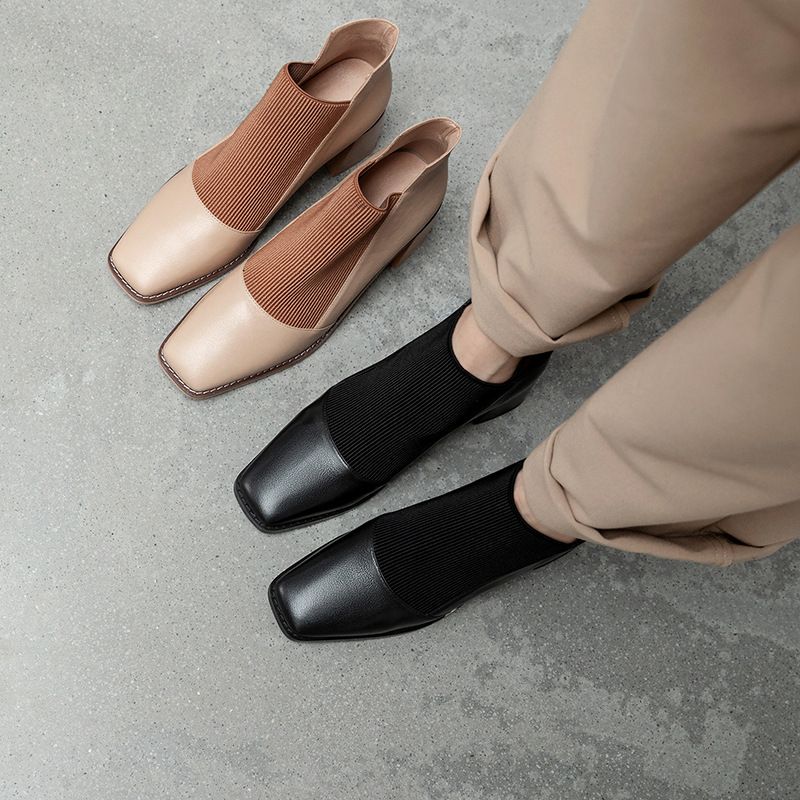 2020 Stivaletti da donna semplici con tacco medio, cinturino elastico e punta quadrata, stile artistico_voghion.com