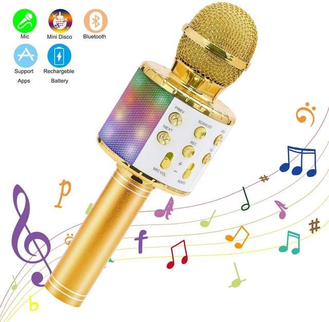 Belaidis karaoke mikrofonas „Bluetooth“ nešiojamas garsiakalbis namams KTV grotuvas su šokančiomis LED lemputėmis, įrašymo funkcija vaikams_voghion.com