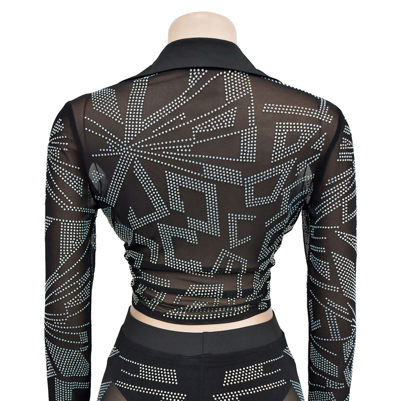 Damenbekleidung, modisches Damen-Zweiteiler-Set aus einfarbigem Mesh mit heißen Diamanten und langen Ärmeln_voghion.com
