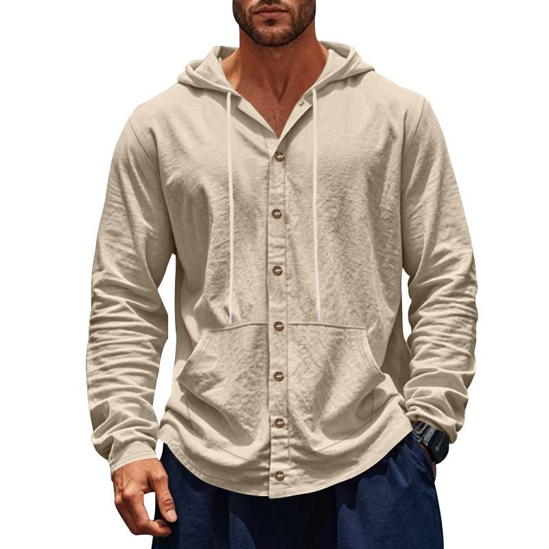 Spring And Autumn American Loose Men's Loose Linen Casual Simple Beach Hooded Long Sleeve Shirt Men_voghion.com