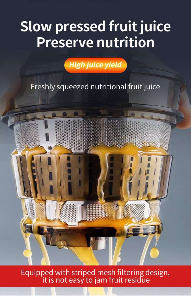Estrattore di succo a masticazione lenta da 800 W, tecnologia di spremitura a freddo, grande tramoggia di alimentazione da 70 mm, elevata resa di succo, separazione della polpa, funzionamento silenzioso, funzione inversa, UE_voghion.com