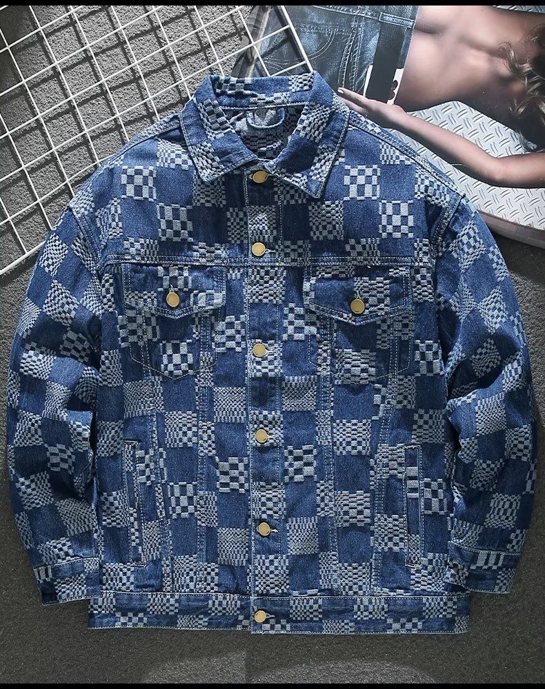 Herrenbekleidung Frühling und Herbst High-End-Design Persönlichkeit Jacquard Plaid Loose Plus Size Mantel Jeansjacke Herren_voghion.com