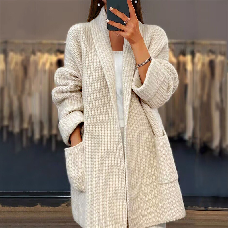 Damenbekleidung, verdickte, einfarbige Strickjacke mit V-Ausschnitt und lockerer Tasche, Pulloverjacke_voghion.com