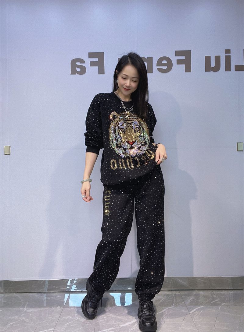 Conjunto deportivo con cabeza de tigre para mujer: sudadera de manga larga y pantalón de chándal, conjunto holgado de dos piezas de algodón con detalles de pedrería._voghion.com