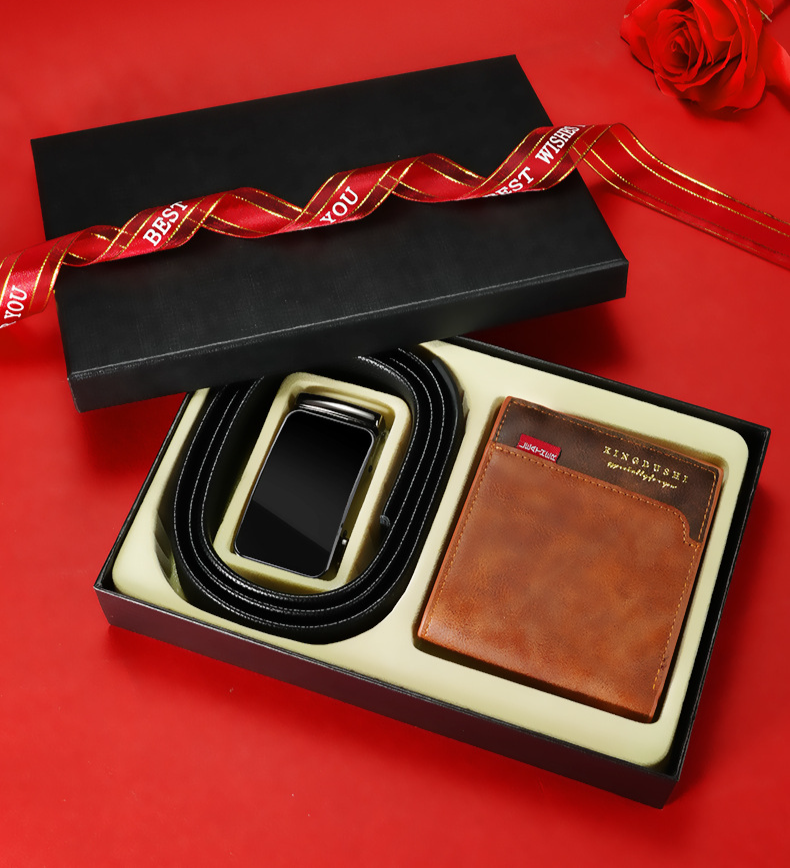 【 Gift Box Set 】 Men's Belt Wallet Combination Set First Layer Cowhide Automatic Buckle Belt Wallet Gift Box_voghion.com