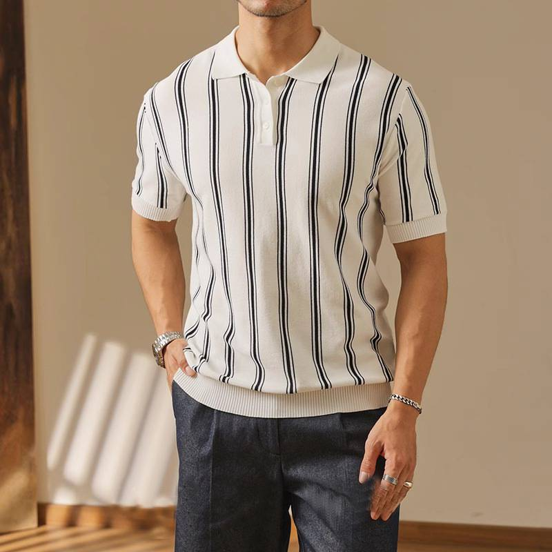 Casual Versatile Contrast Color Striped Short Sleeved Polo Shirt Ice Silk Retro Old Money Style Knitted Lapel T Shirt For Men_voghion.com