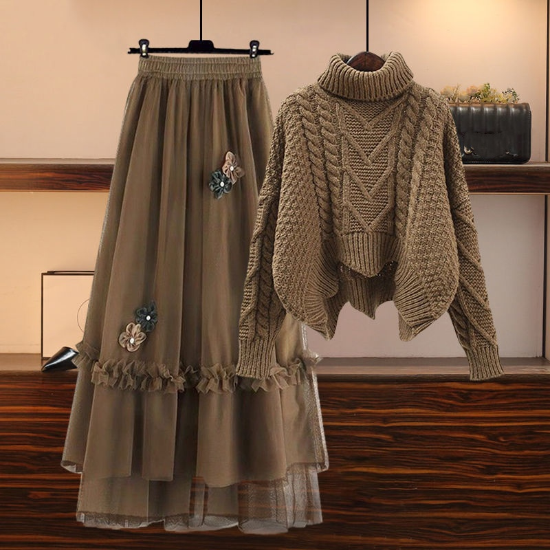 Winteroutfit in Übergröße für Damen – schmeichelhafter Netzrock mit hoher Taille und grob gestricktem Pullover-Set (Khaki, Rot, Schwarz)_voghion.com
