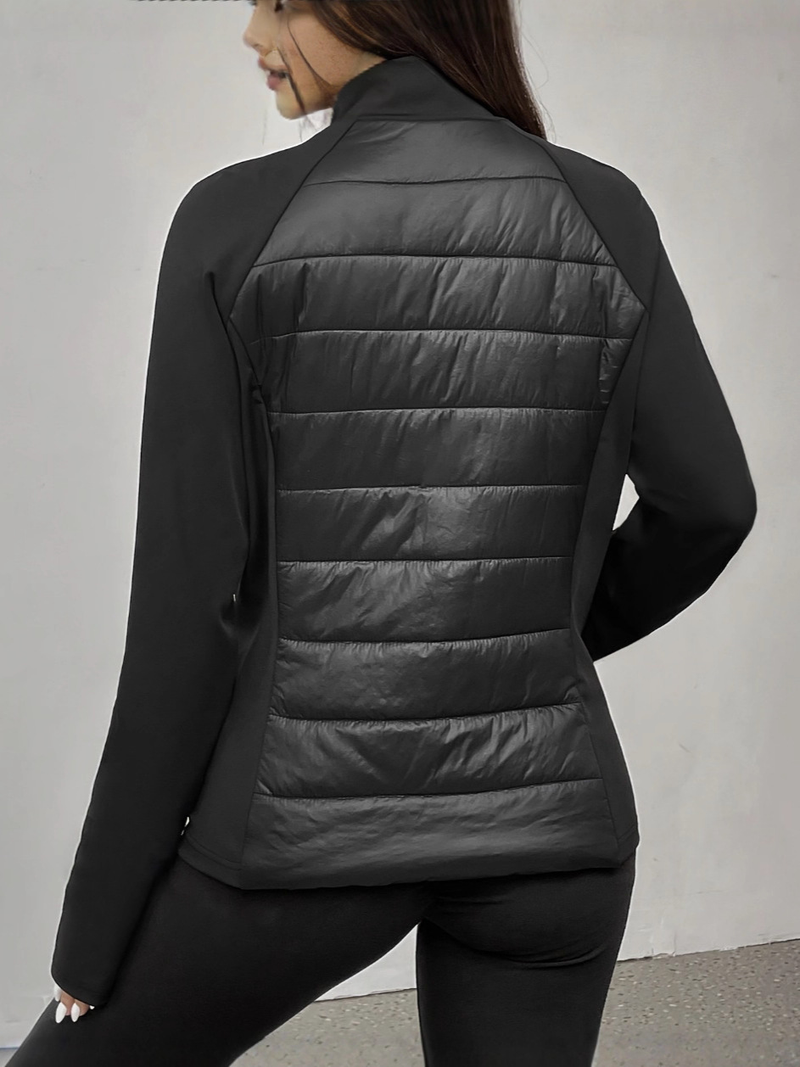 Damen Slim-Fit Patchwork Steppjacke - Stylischer Polyester-Baumwollmantel mit Stehkragen, Elegantes Schwarz, S-XXL (Perfekt für Arbeit & Freizeit)_voghion.com