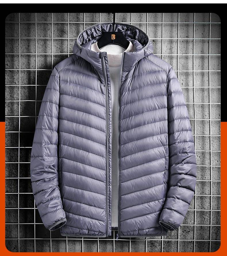 Ultraleichte, verstaubare Daunenjacke für Herren – 600 FP, 90 % weiße Entenfedern, Kapuzenmantel, maschinenwaschbar (Schwarz/Grau/Marineblau/Burgunderrot/Königsblau)_voghion.com