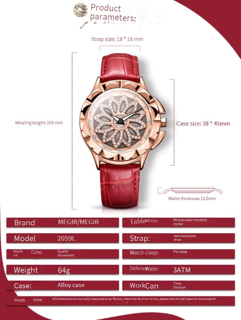 MEGIR Women's Fashion Watch With Rhinestones & Luminous Hands - Waterproof Quartz Watch For Casual Wear (White/Red)_voghion.com