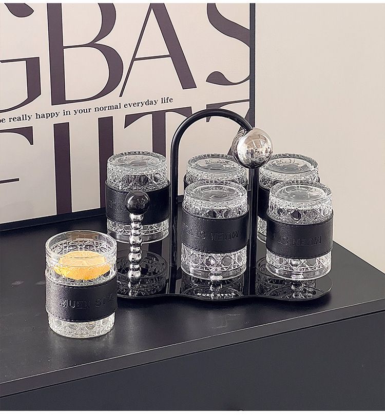 Hochwertiges, lederumwickeltes Borosilikatglas-Tassenset (6-teilig) – Stilvolles und langlebiges Trinkgeschirr für Kaffee, Tee und Cocktails, gehämmertes Texturdesign_voghion.com
