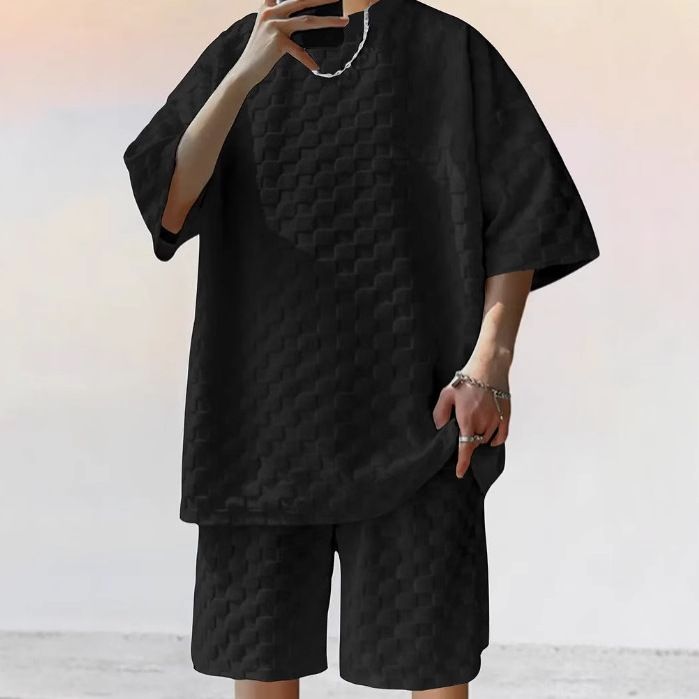 2025 Trendy Men's Checkerboard Spring/Summer Loose Sports And Leisure Two Piece Set For Men_voghion.com