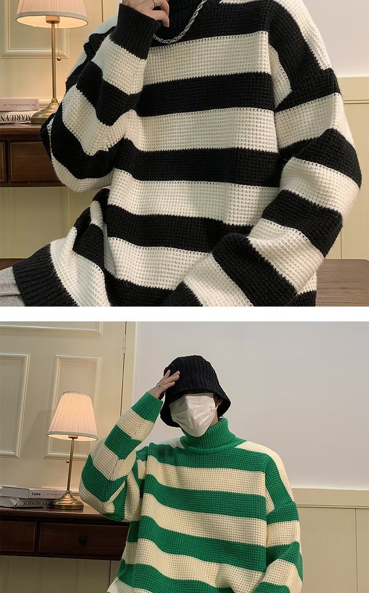 Maglione a collo alto a righe bianche e nere per uomo, stile retrò giapponese, pigro e di alta qualità. Maglione lavorato a maglia con inserti a contrasto_voghion.com