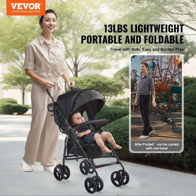 Backrest Black Lightweight Fold Adjustable Storage Stroller Easy Compact_voghion.com