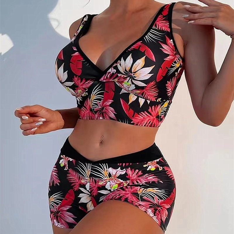 2024 New Printed Skirt Conservative Women's Split High Waist Tankini Swimsuit_voghion.com
