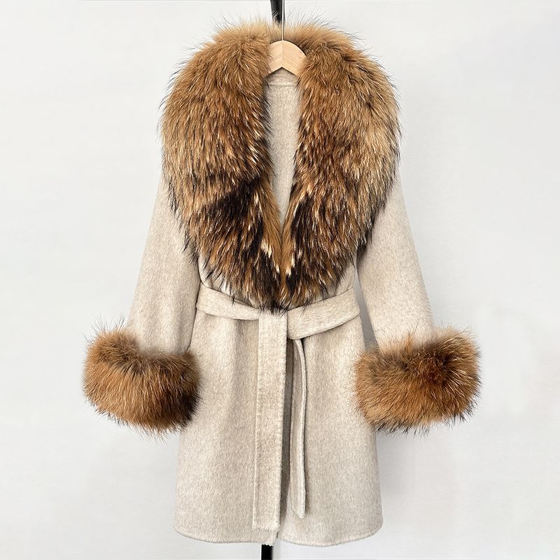 Women's Long Wool & Cashmere Coat With Real Fox Fur Collar - Double-Faced Winter Trench Coat, Slim Fit Belted Dressy Outerwear, Elegant Overcoat (S/M)_voghion.com