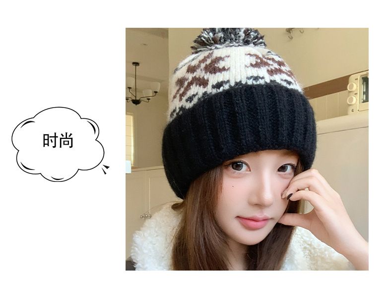 Gorro de punto con forro polar de invierno para mujer, con diseño de copos de nieve navideños y bloques de color, para exteriores, resistente al frío, cálido y bonito._voghion.com