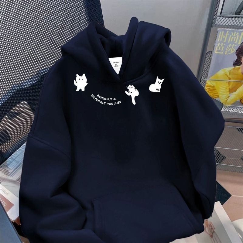 Felpa con cappuccio anti-pilling in stile americano 2025 per donna con stampa di gatto, top invernale foderato in pile, alla moda_voghion.com