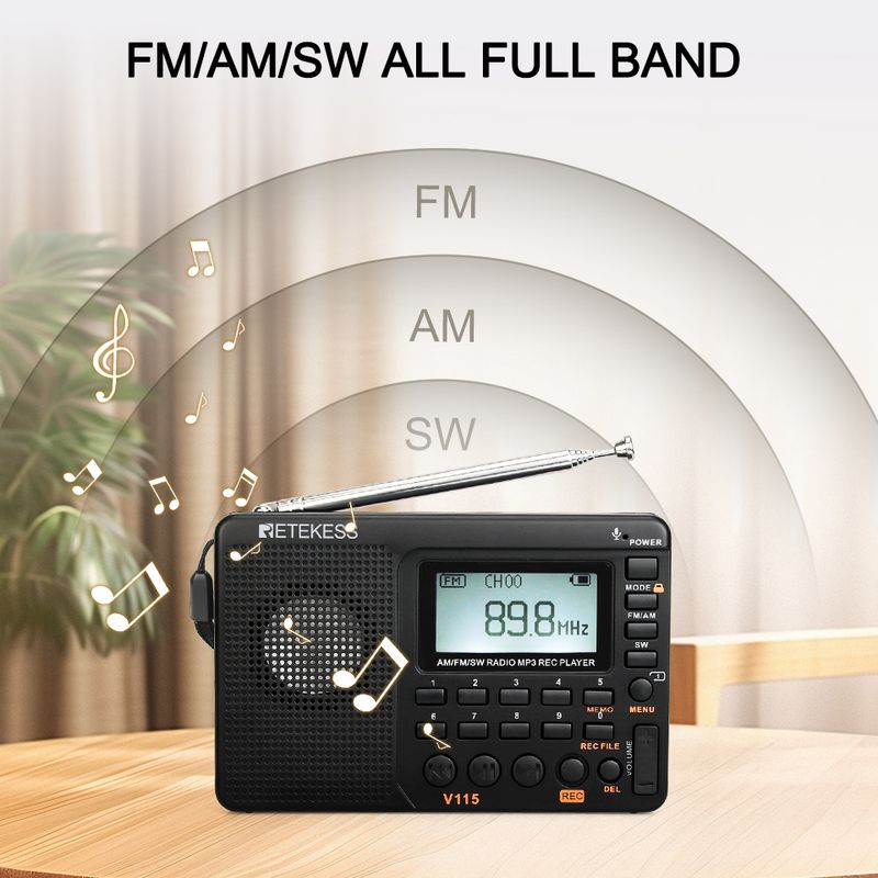 Retekess V115 SW Portable Radios AM FM Rechargeable Shortwave Radio Battery Powered Full Waves USB Recorder For Gift_voghion.com